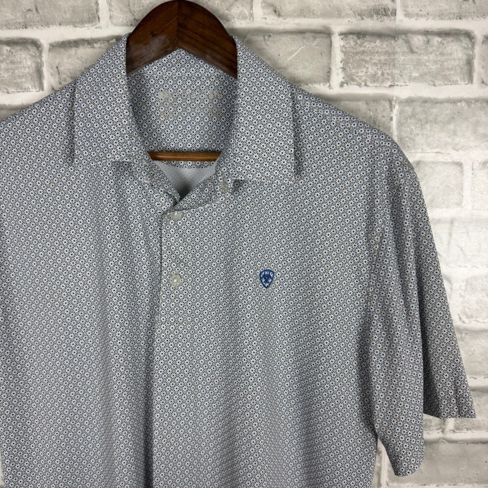 Ariat Men AriatTEK Short Sleeve Polo Shirt Grey Blue Geometric Print Size MEDIUM